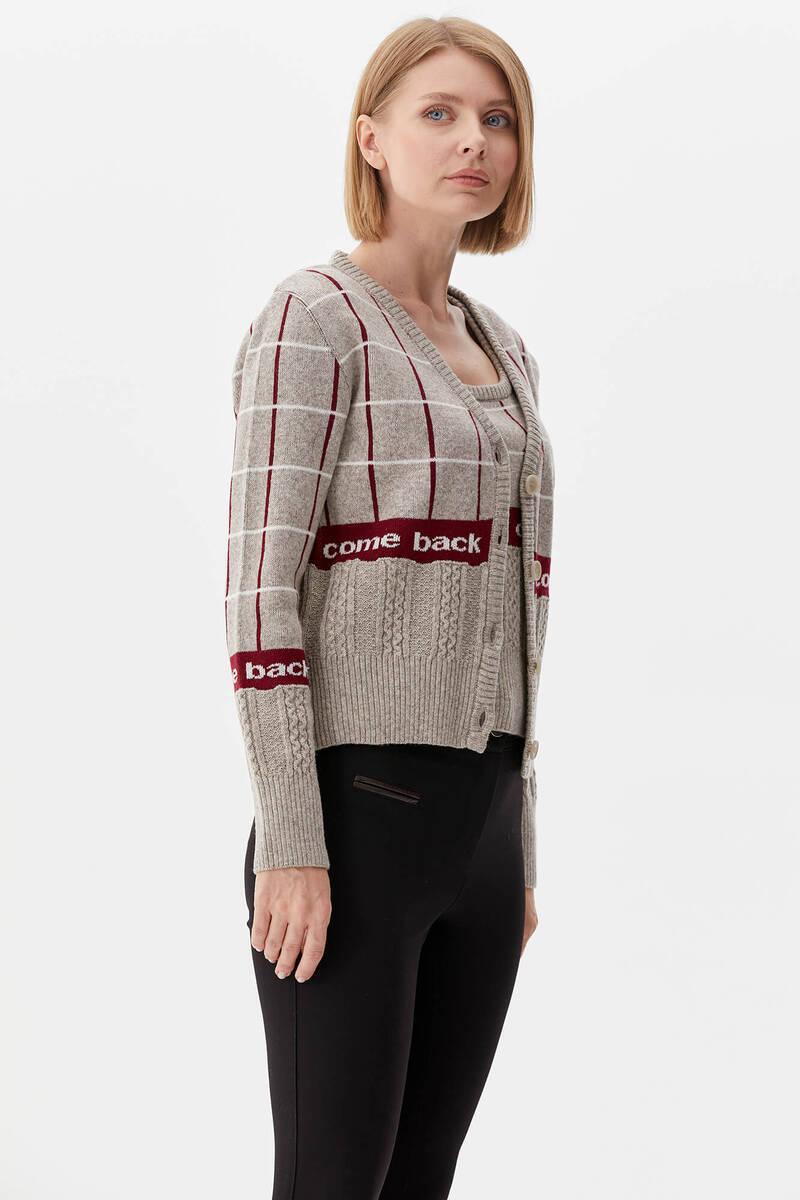 Kare Desenli Triko İkili Hırka Takım - Vizon (2) Sementa