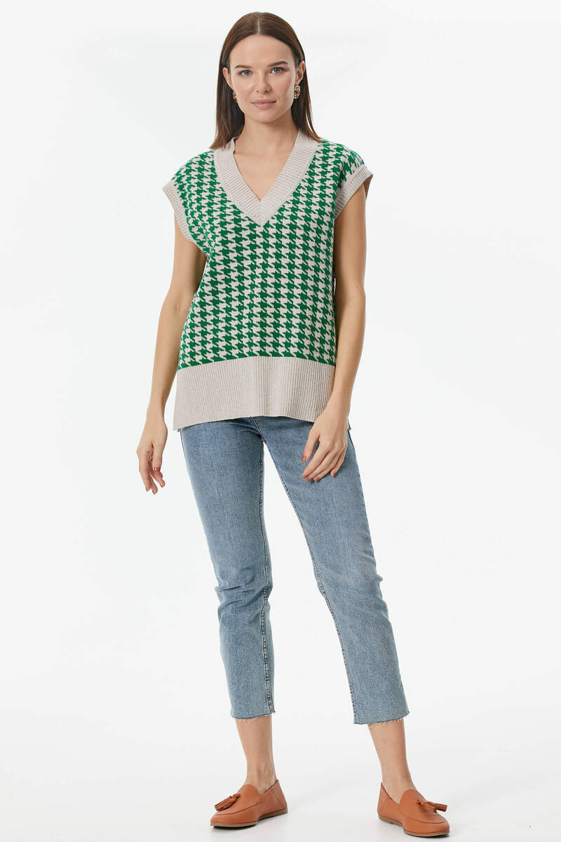 Kazayağı Desenli Triko Süveter - Bej-Yeşil (1) Sementa