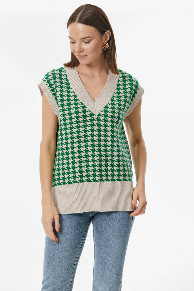 Kazayağı Desenli Triko Süveter - Bej-Yeşil (2) Sementa