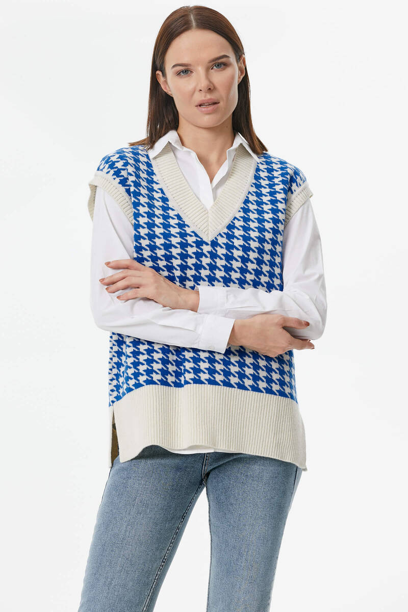 Kazayağı Desenli Triko Süveter - Kemik-Saks (2) Sementa