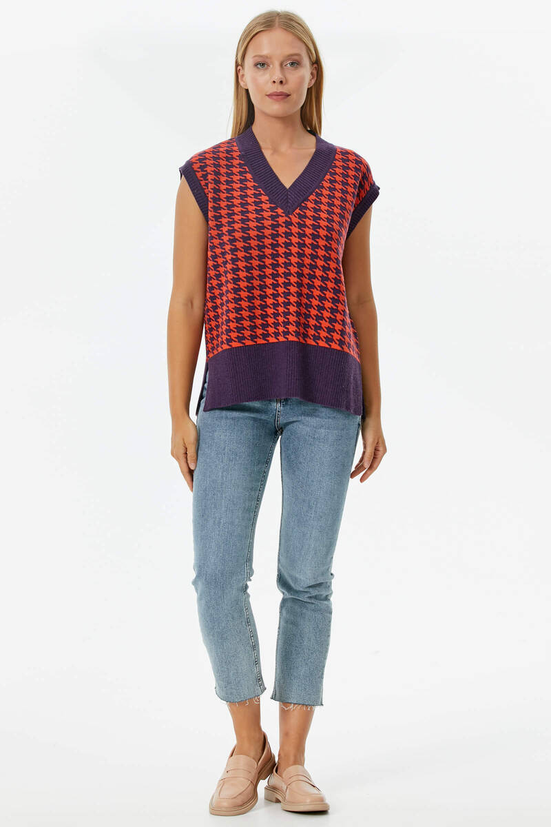 Kazayağı Desenli Triko Süveter - Mor-Nar (2) Sementa