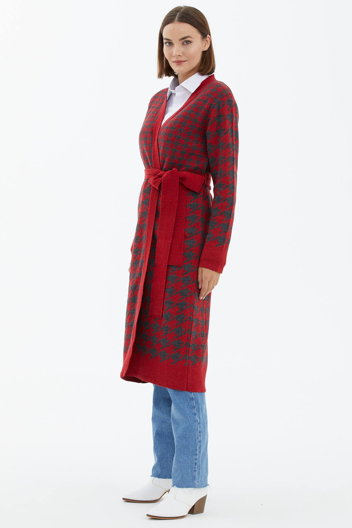 Kazayağı Desenli Uzun Kemerli Triko Hırka - Kırmızı (3) Sementa