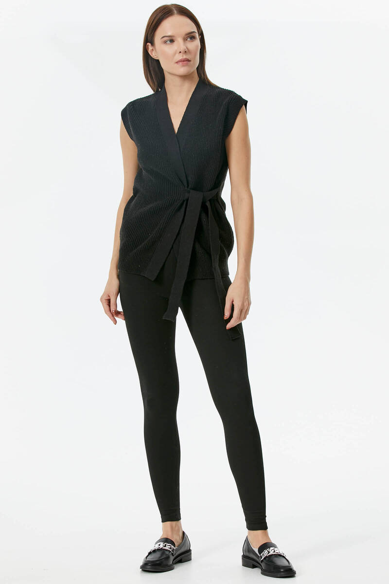 Kendinden Kemerli Triko Yelek - Siyah (2) Sementa