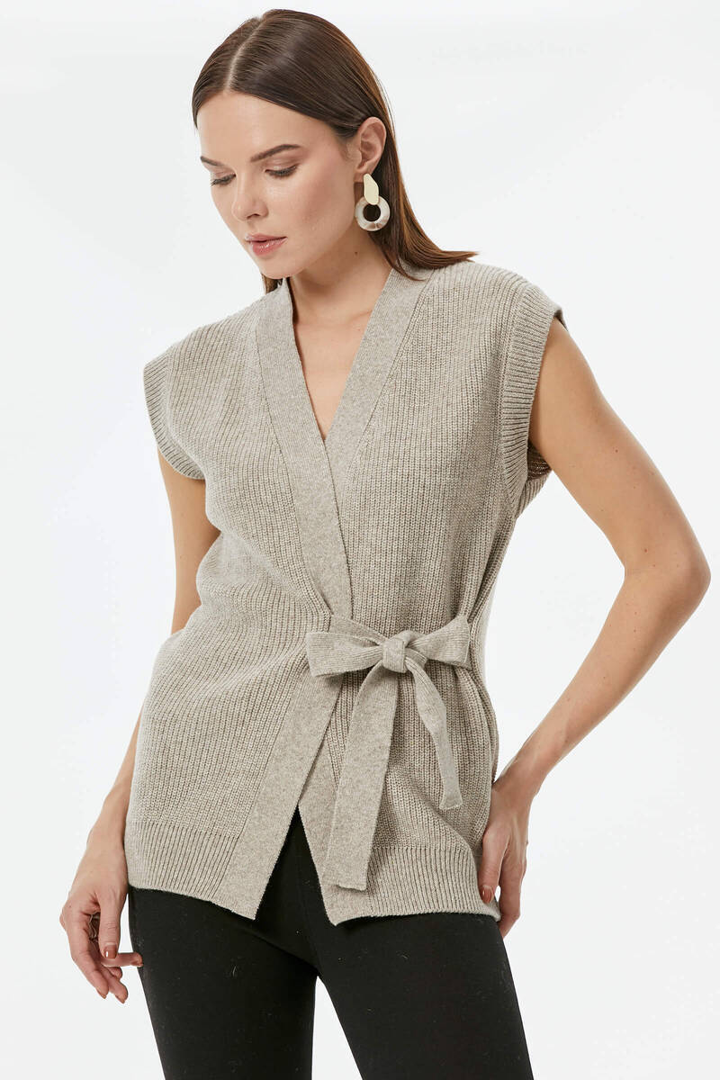 Kendinden Kemerli Triko Yelek - Vizon (2) Sementa