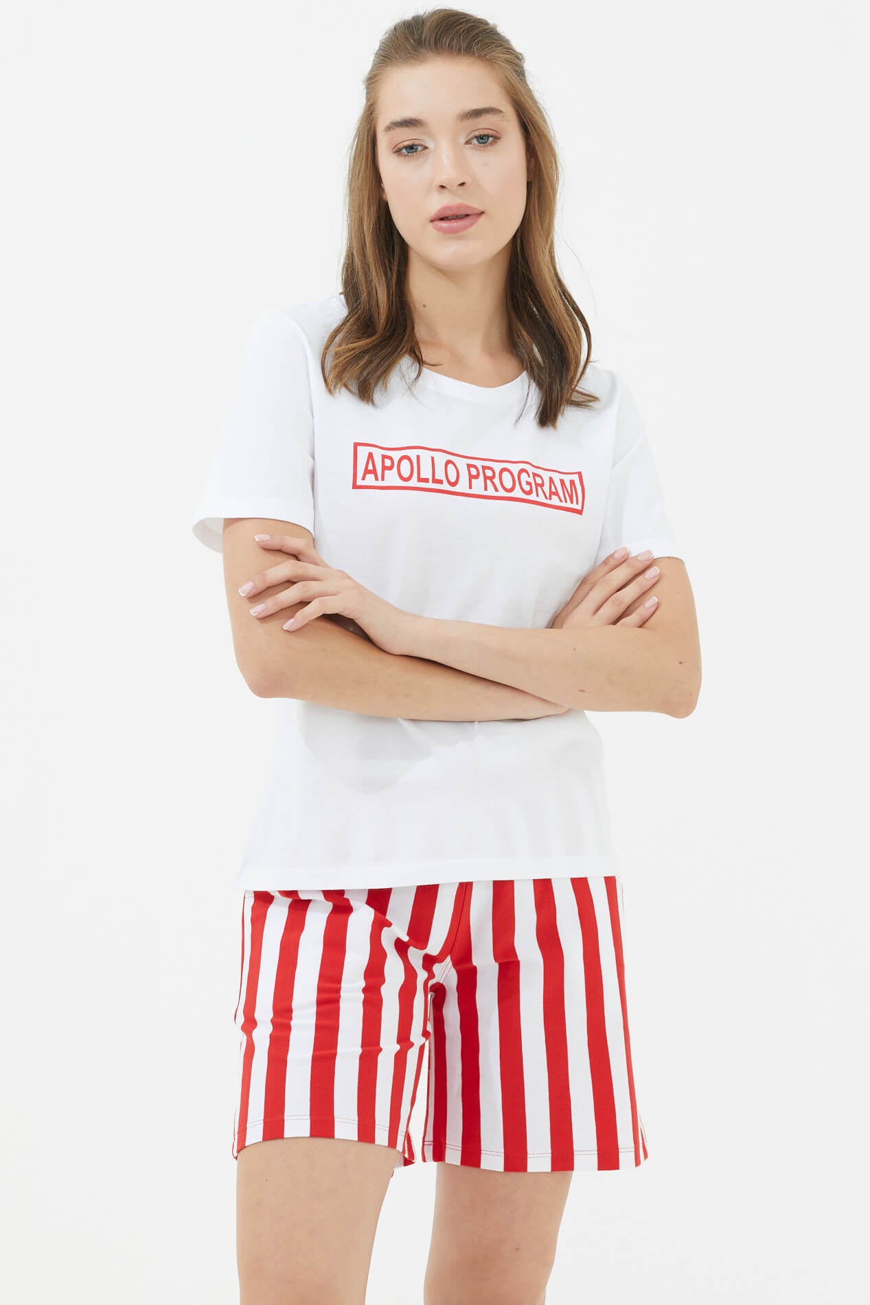 Kısa Kollu Şortlu Çizgili Takım - Kırmızı (1) Sementa