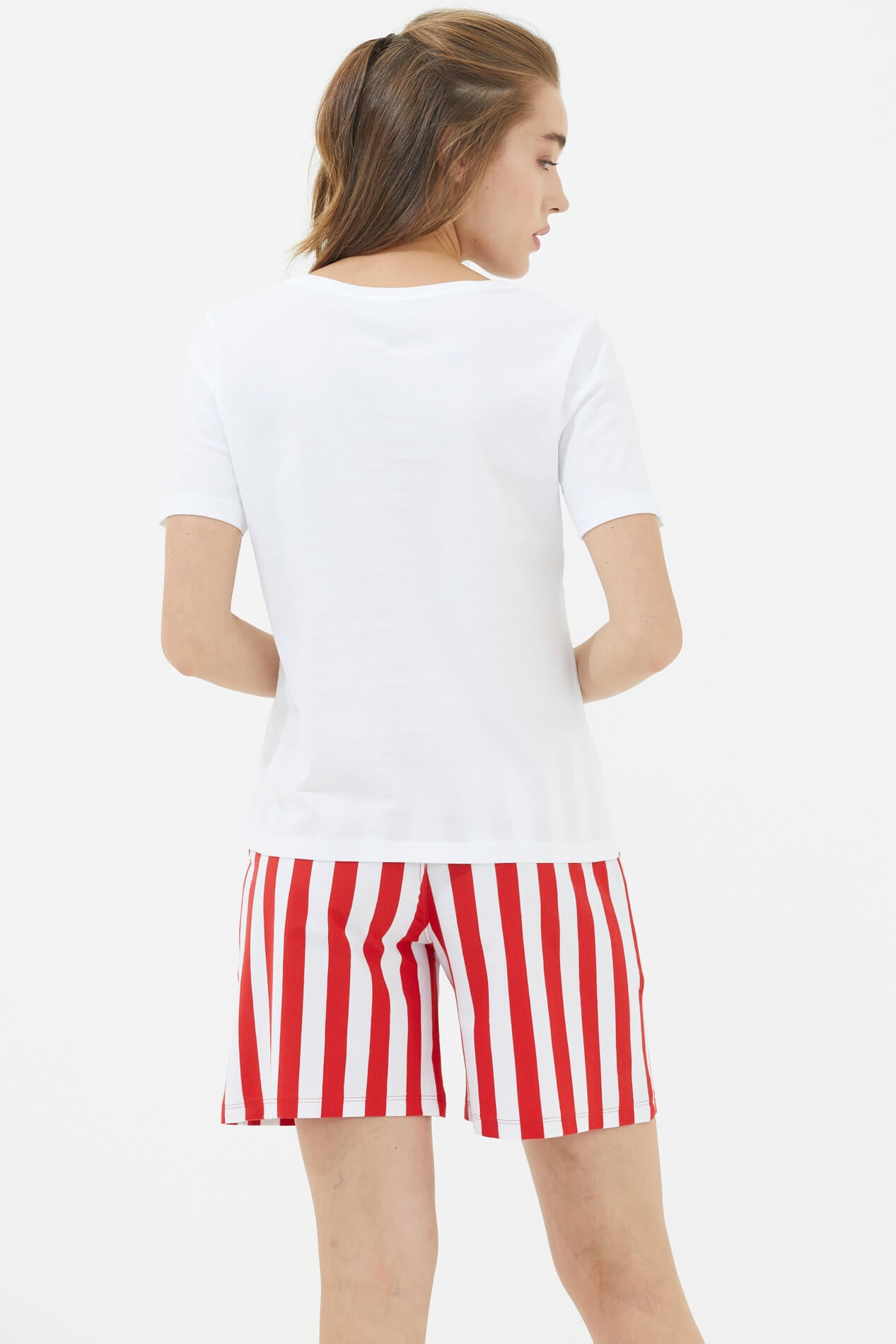 Kısa Kollu Şortlu Çizgili Takım - Kırmızı (3) Sementa