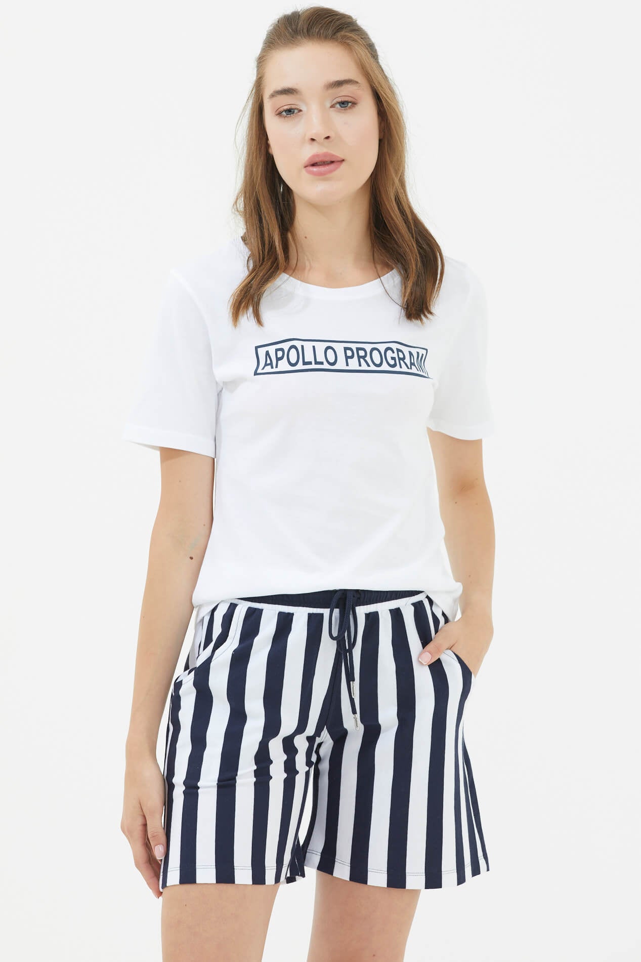 Kısa Kollu Şortlu Çizgili Takım - Lacivert (1) Sementa