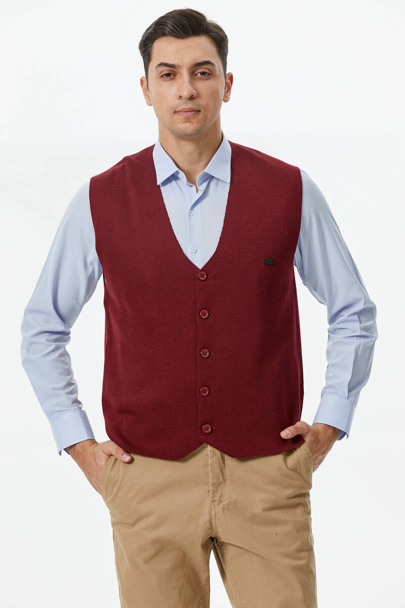 Klasik Triko Düğmeli Triko Yelek - Bordo (1) Sementa