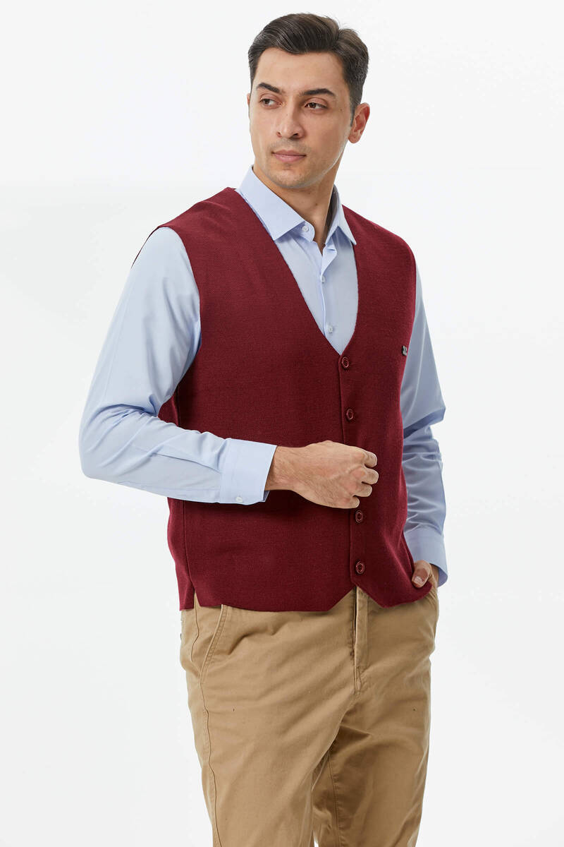 Klasik Triko Düğmeli Triko Yelek - Bordo (2) Sementa