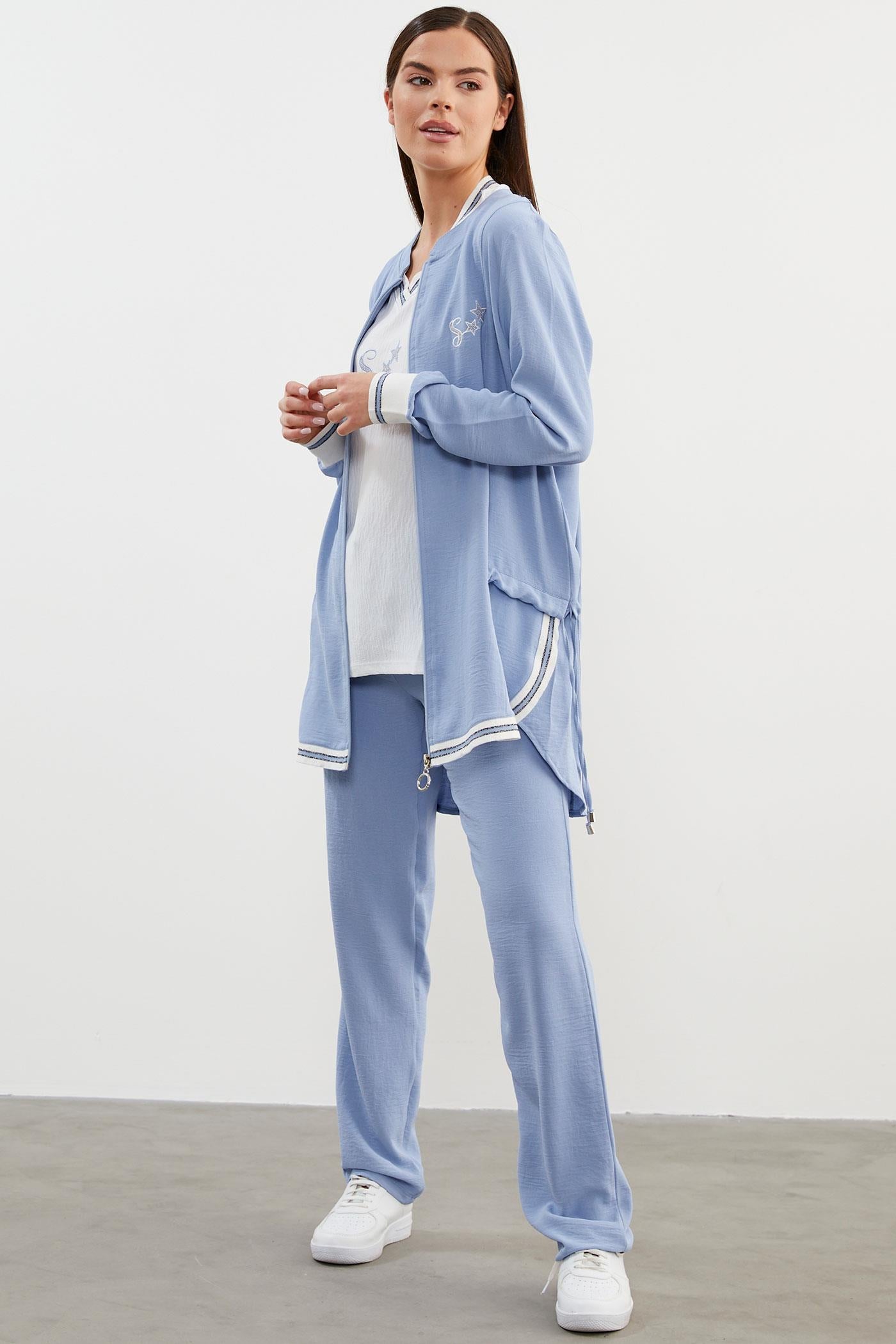 Krep Geniş Kalıp Üçlü Takım - Mavi (2) Sementa