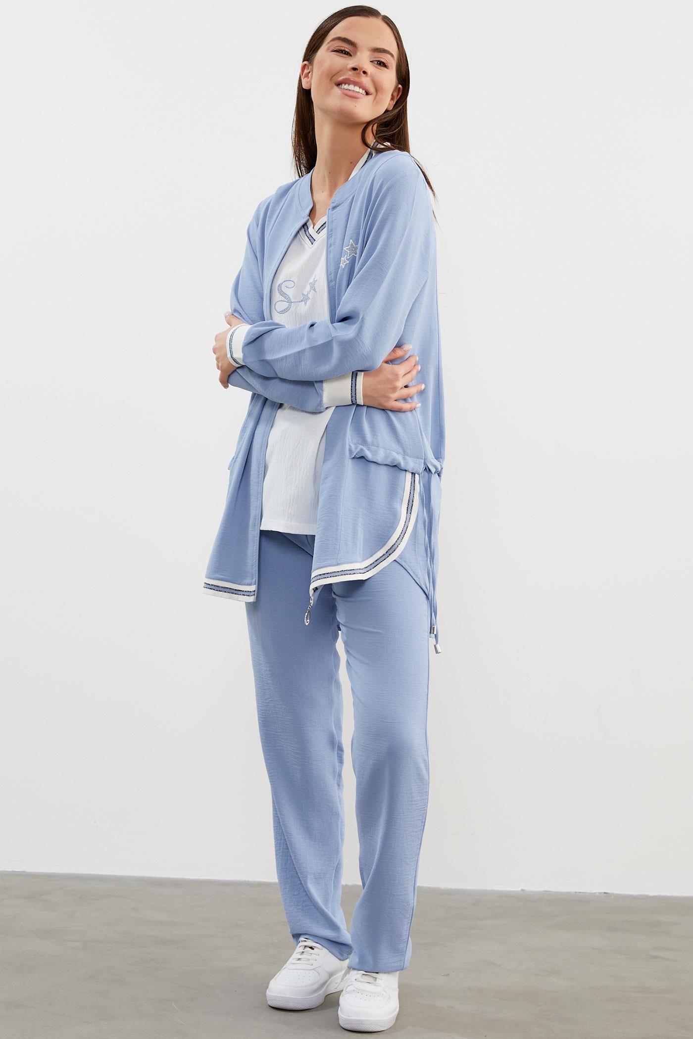 Krep Geniş Kalıp Üçlü Takım - Mavi (3) Sementa