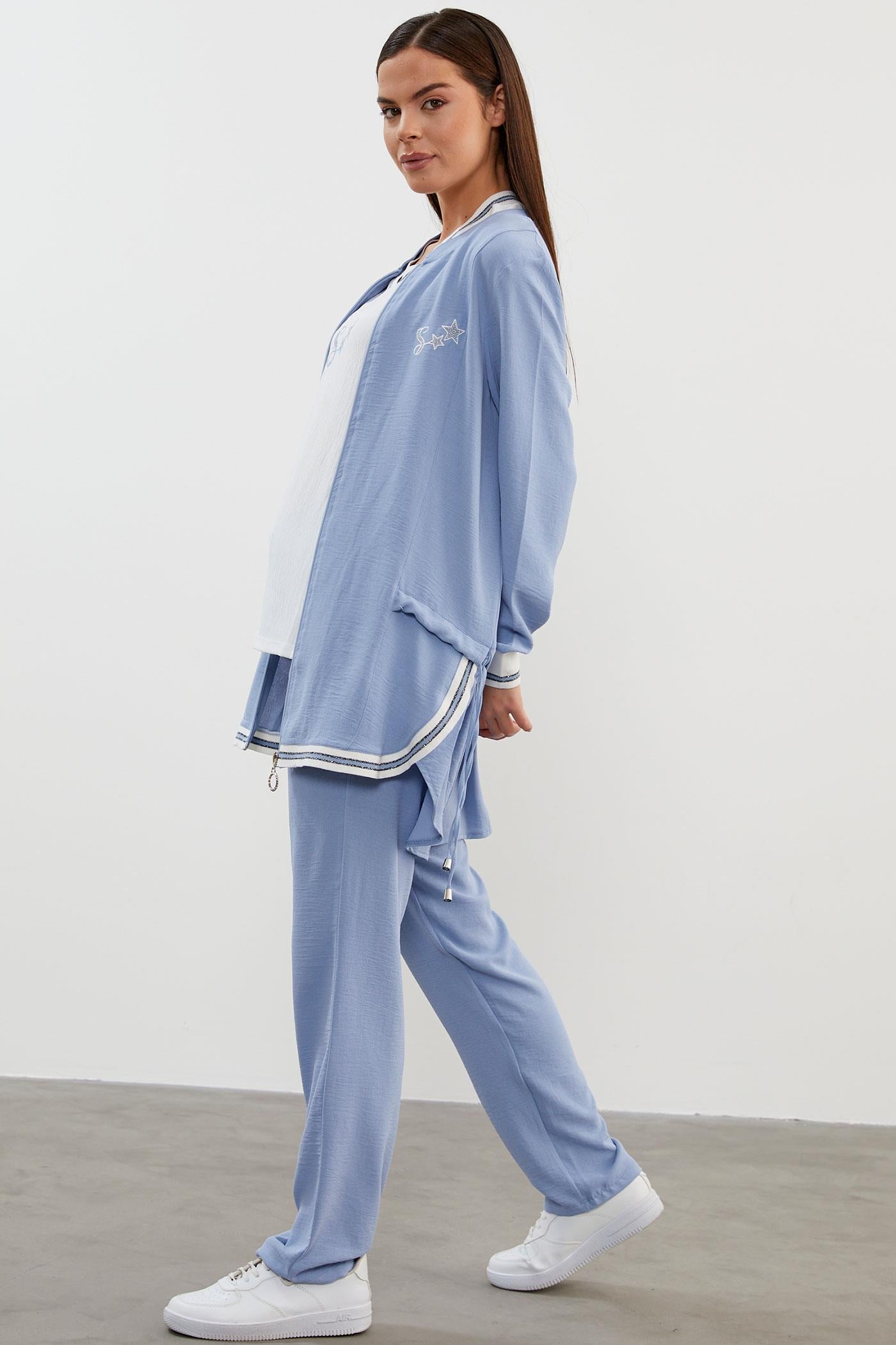 Krep Geniş Kalıp Üçlü Takım - Mavi (4) Sementa