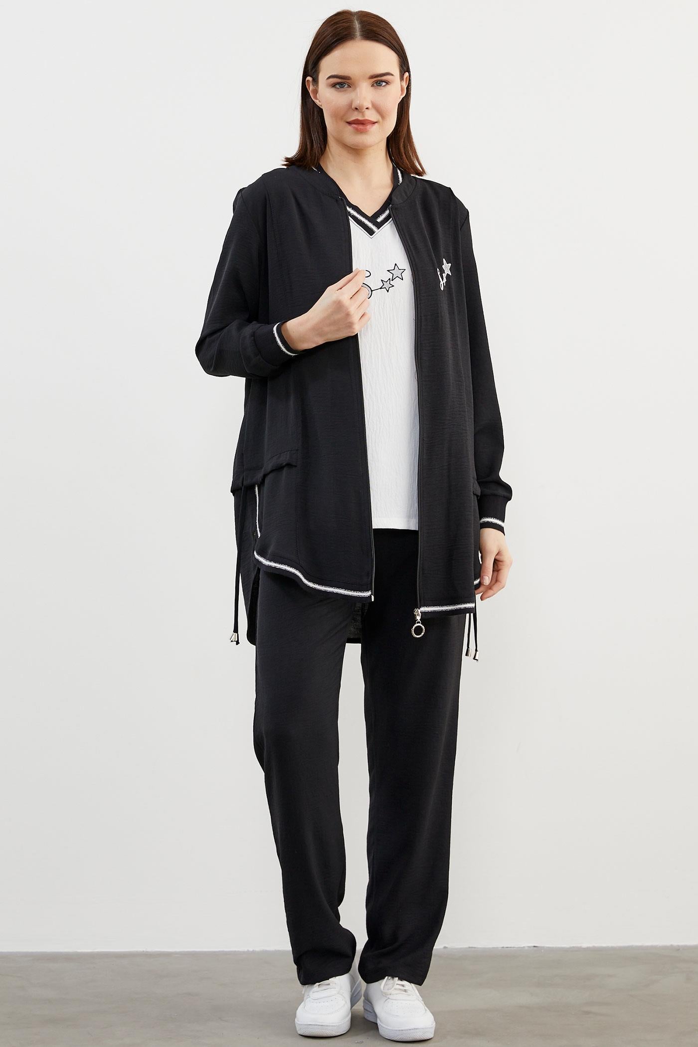 Krep Geniş Kalıp Üçlü Takım - Siyah (2) Sementa