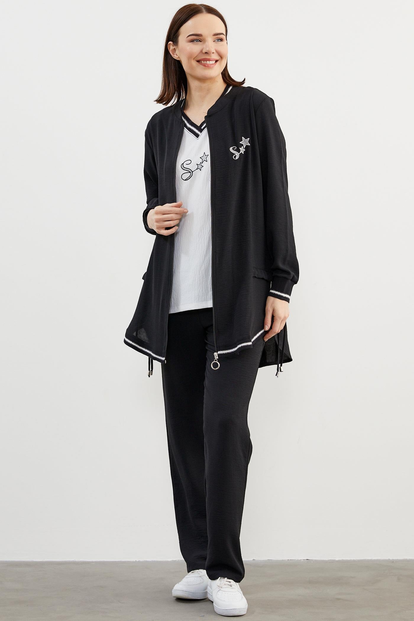 Krep Geniş Kalıp Üçlü Takım - Siyah (3) Sementa