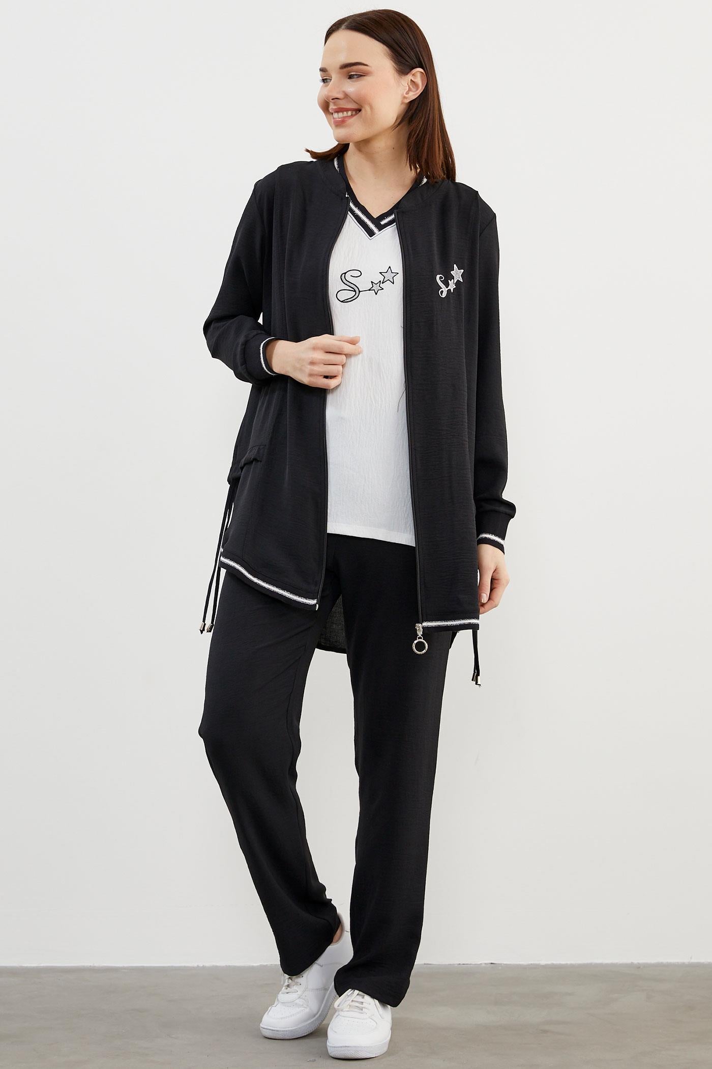 Krep Geniş Kalıp Üçlü Takım - Siyah (4) Sementa