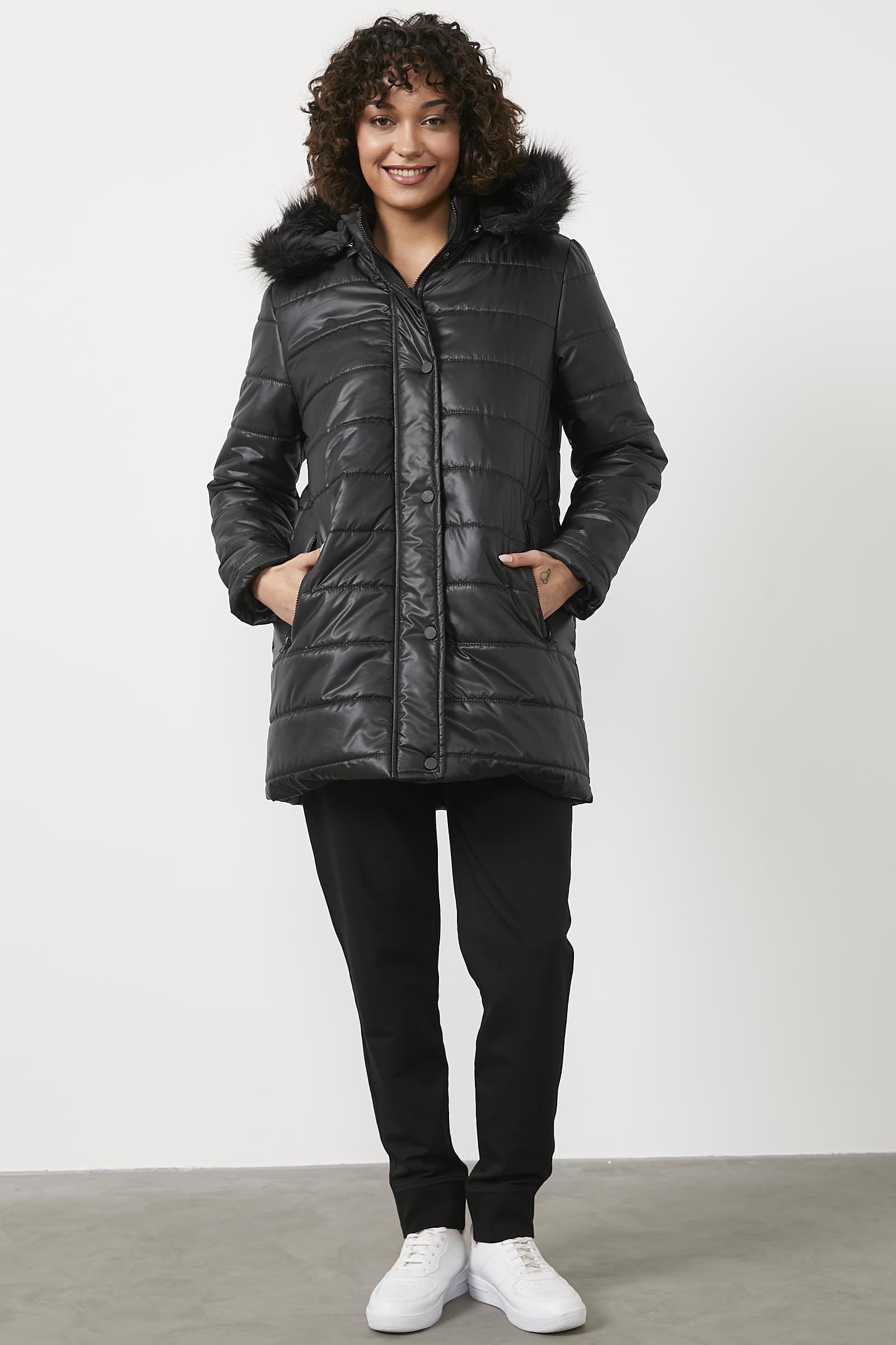 Kürk Kapüşonlu Tunik Boy Kapitone Mont - Siyah (1) Sementa