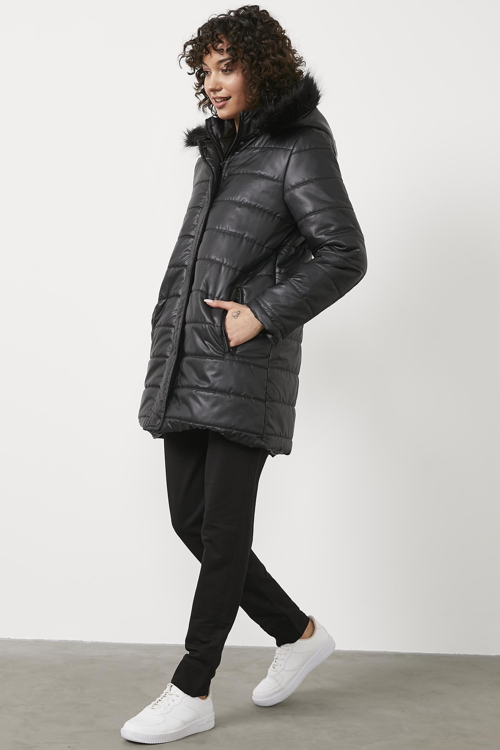 Kürk Kapüşonlu Tunik Boy Kapitone Mont - Siyah (4) Sementa