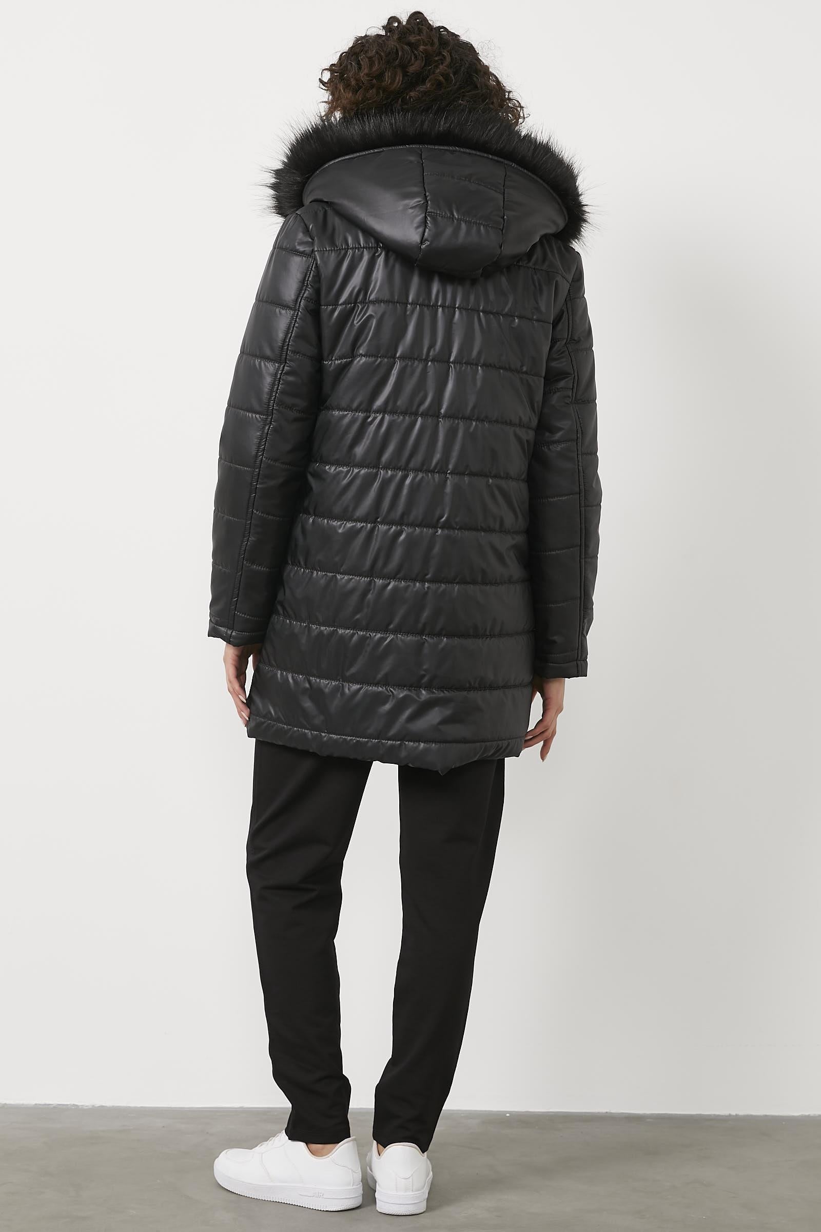 Kürk Kapüşonlu Tunik Boy Kapitone Mont - Siyah (5) Sementa