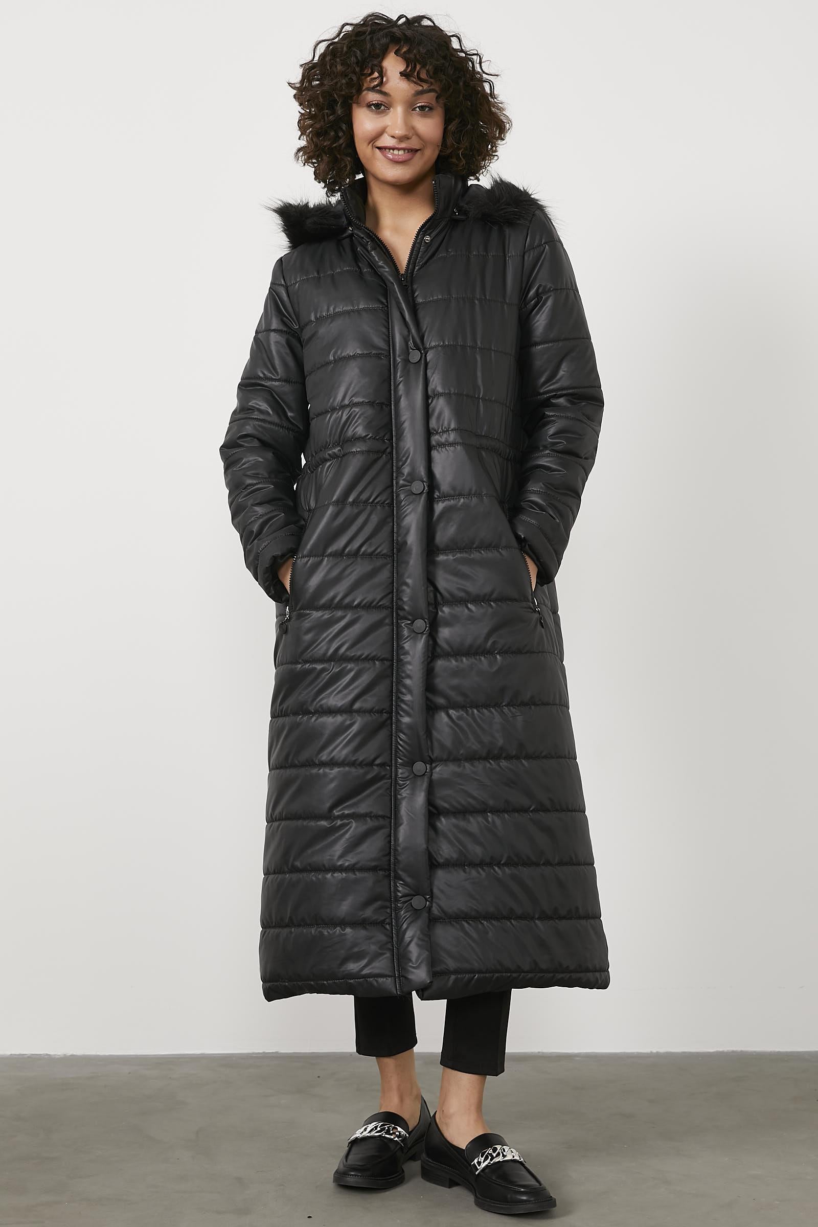 Kürk Kapüşonlu Uzun Kapitone Mont - Siyah (1) Sementa