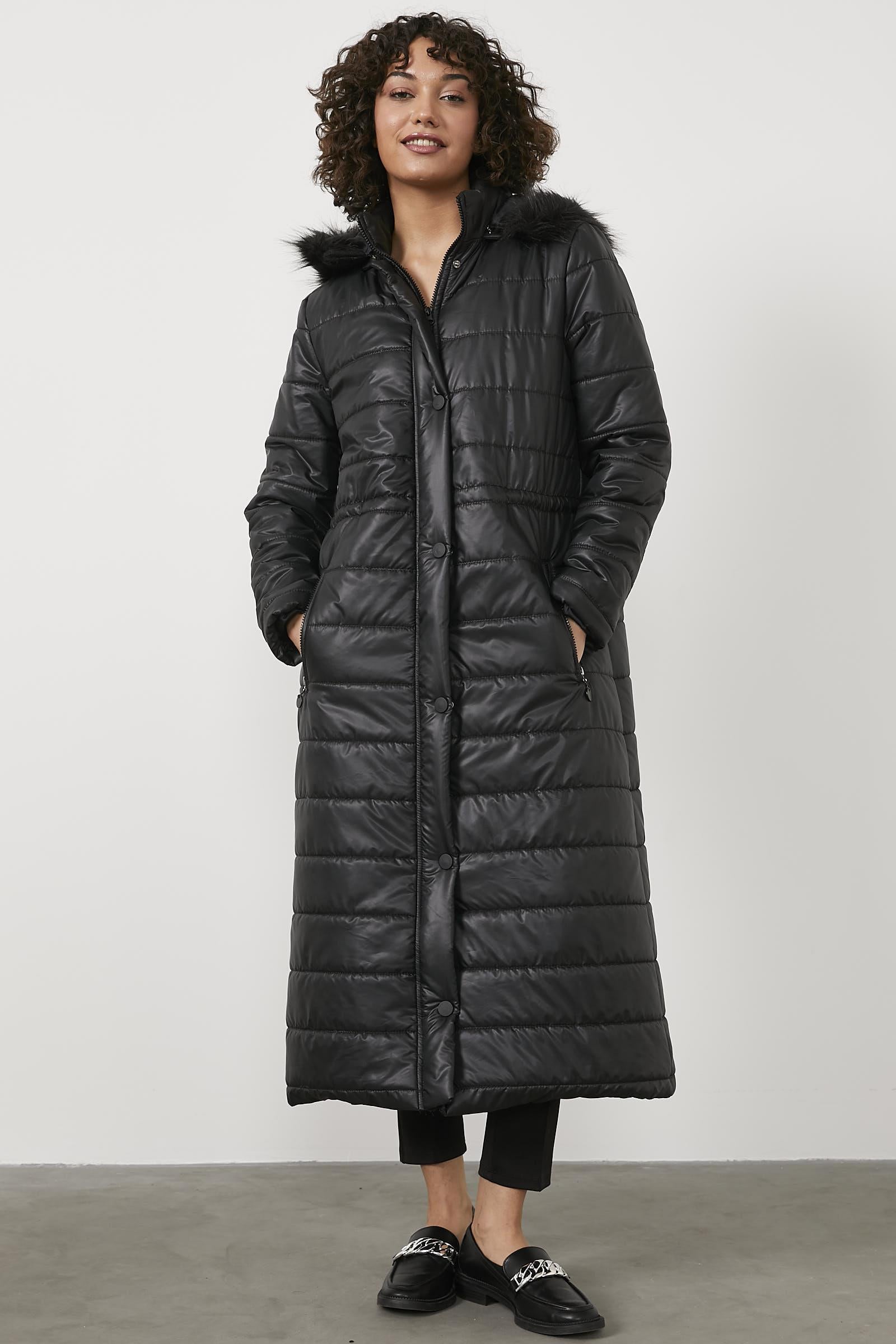 Kürk Kapüşonlu Uzun Kapitone Mont - Siyah (2) Sementa