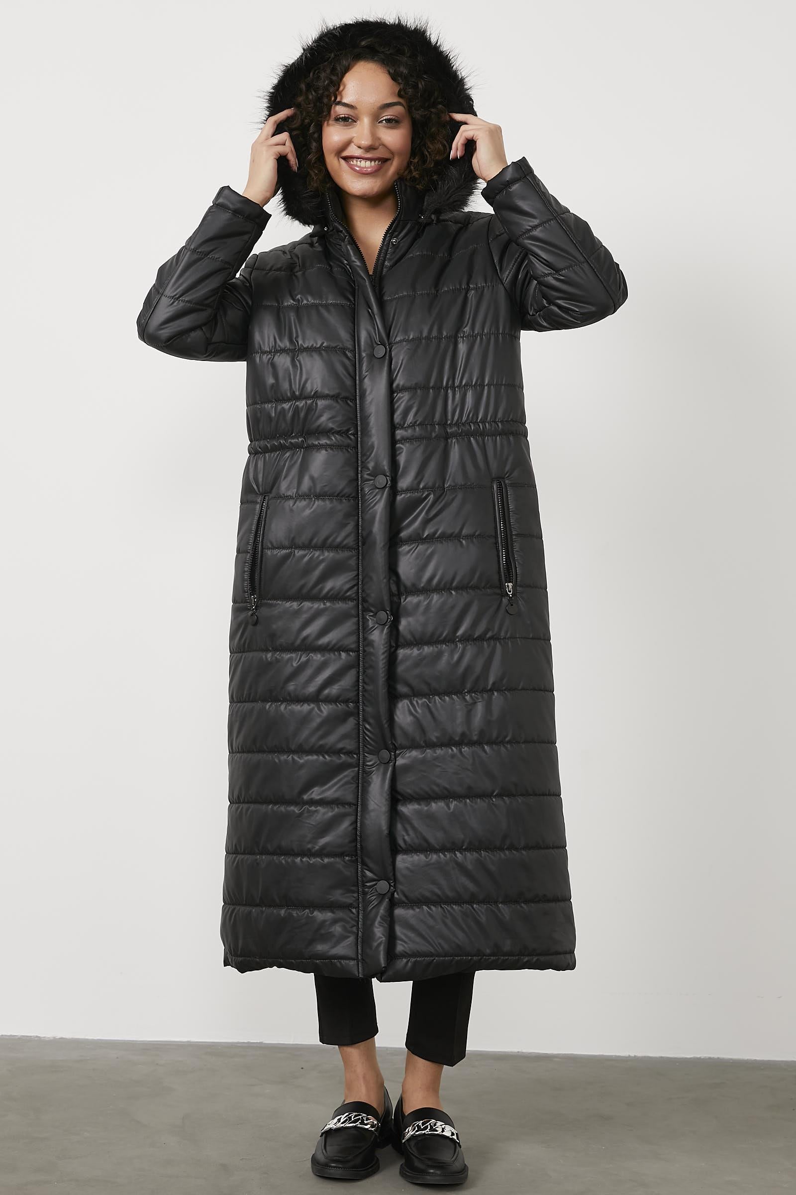 Kürk Kapüşonlu Uzun Kapitone Mont - Siyah (4) Sementa