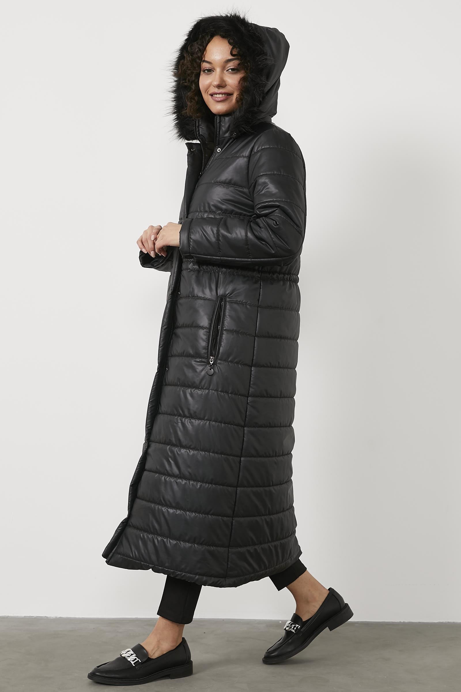 Kürk Kapüşonlu Uzun Kapitone Mont - Siyah (5) Sementa