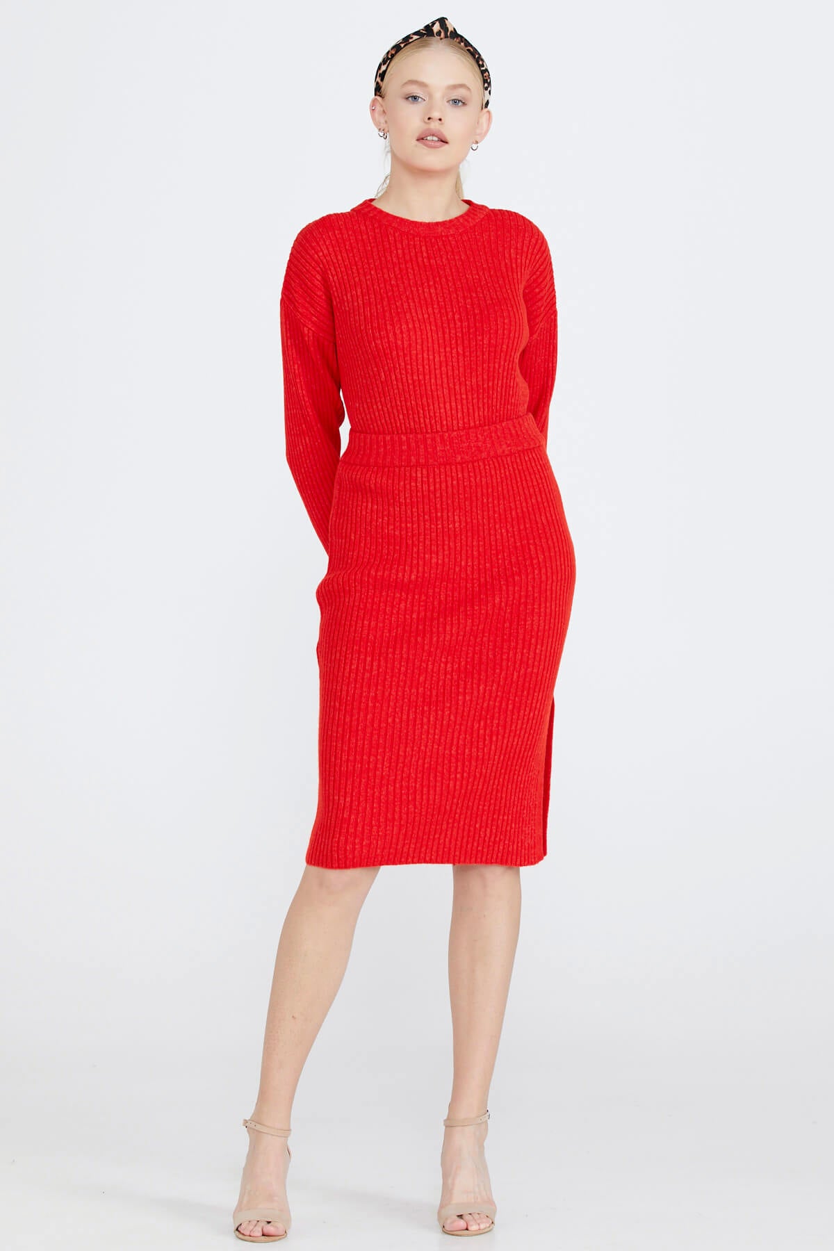 Lastik Örgülü Kadın Triko Etek - Kırmızı (1) Sementa