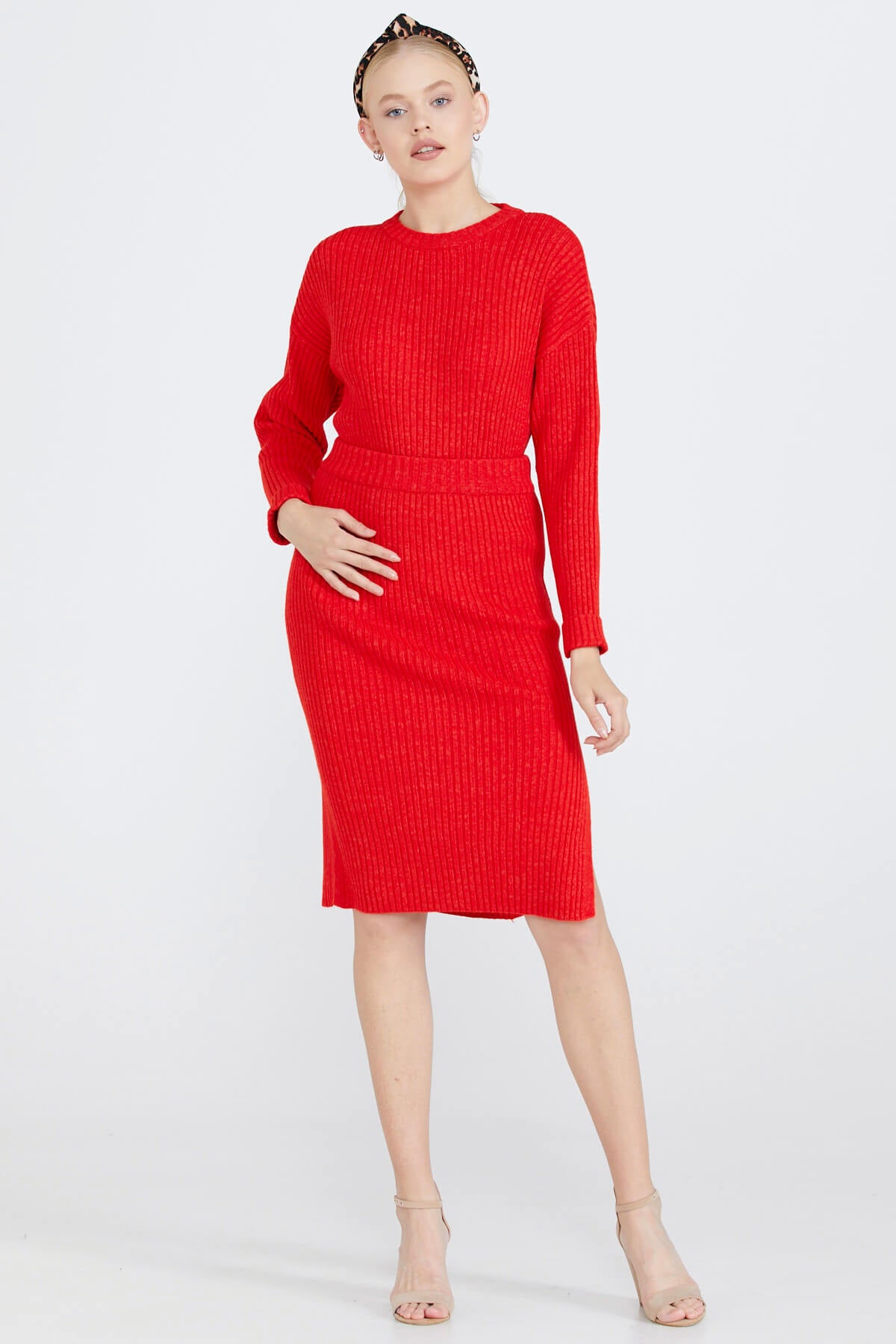 Lastik Örgülü Kadın Triko Etek - Kırmızı (2) Sementa