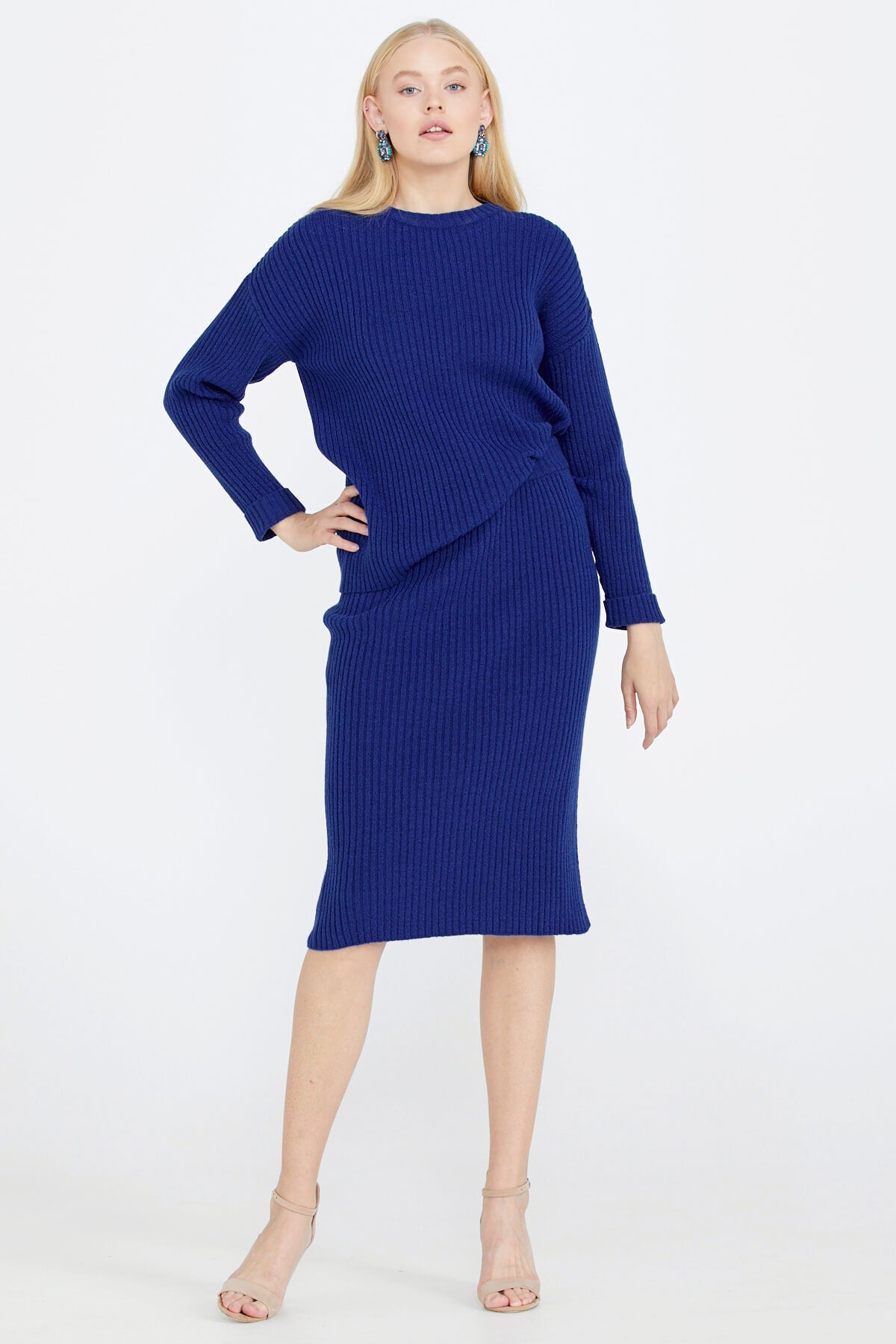 Lastik Örgülü Kadın Triko Etek - Saks (2) Sementa