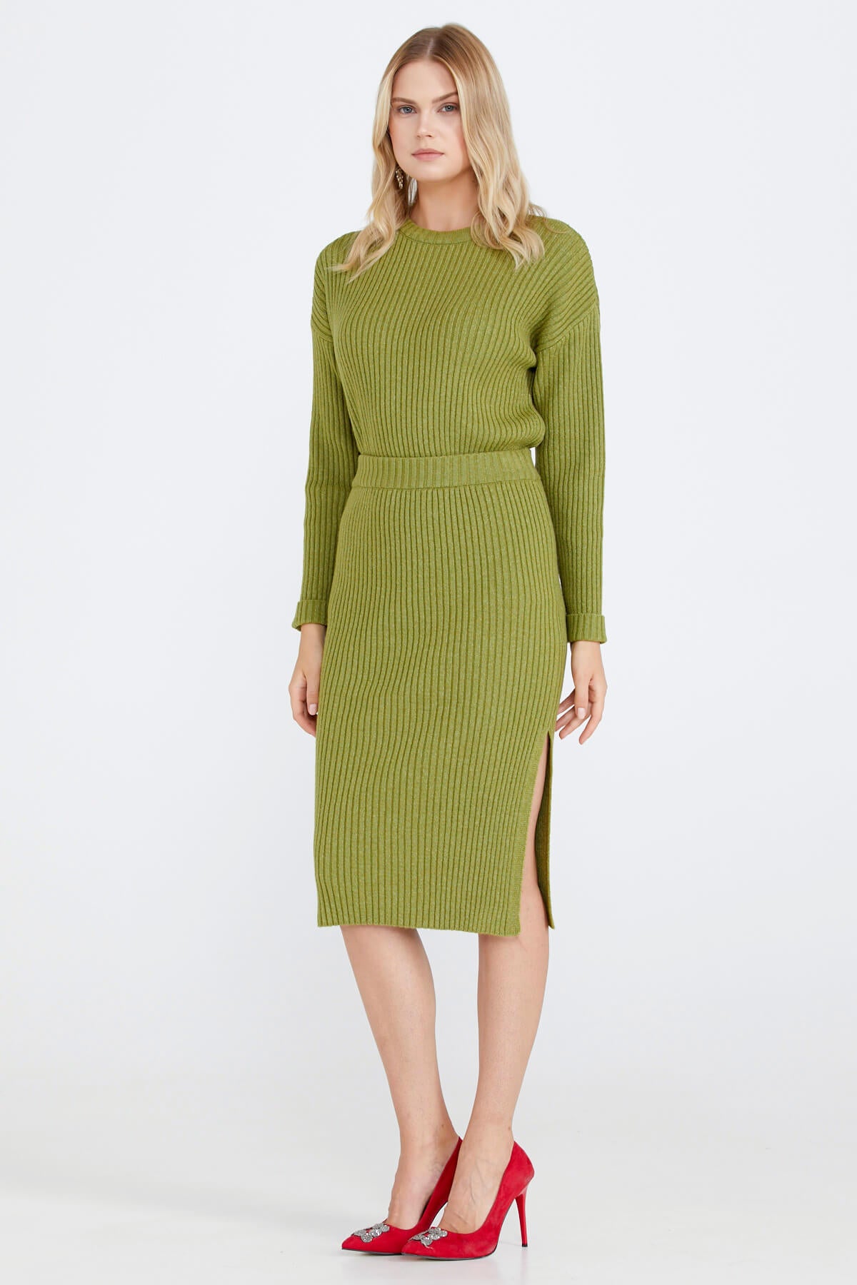 Lastik Örgülü Kadın Triko Etek - Yeşil (1) Sementa