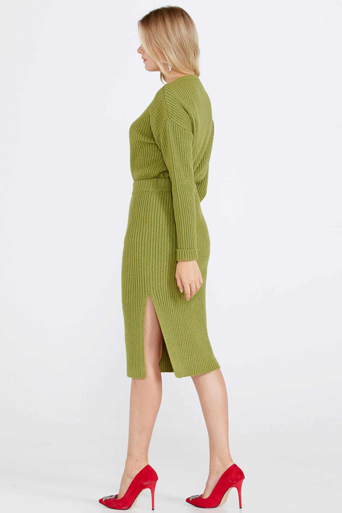 Lastik Örgülü Kadın Triko Etek - Yeşil (3) Sementa