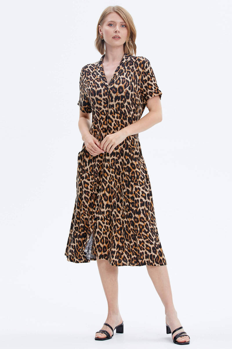 Leopar Desenli Gömlek Elbise - Siyah (1) Sementa