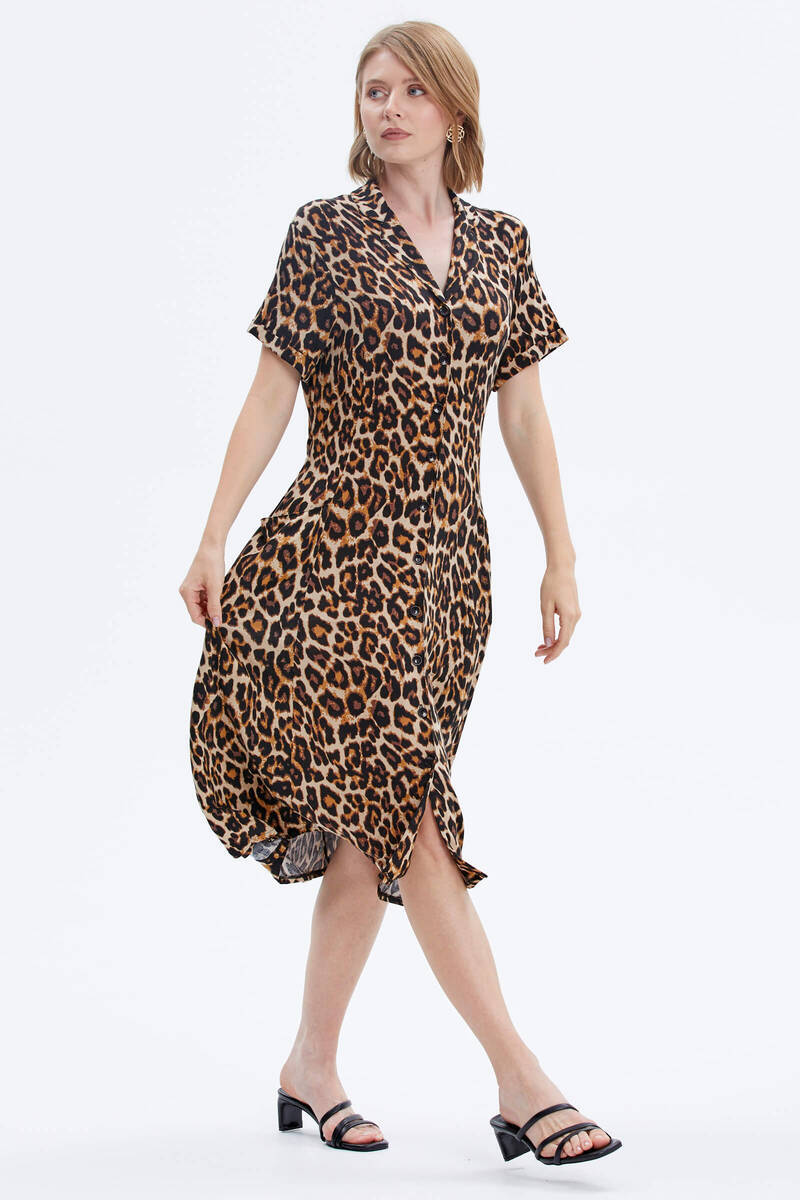 Leopar Desenli Gömlek Elbise - Siyah (2) Sementa
