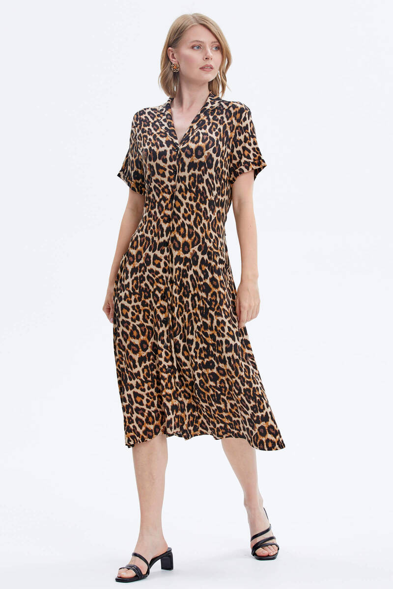 Leopar Desenli Gömlek Elbise - Siyah (3) Sementa
