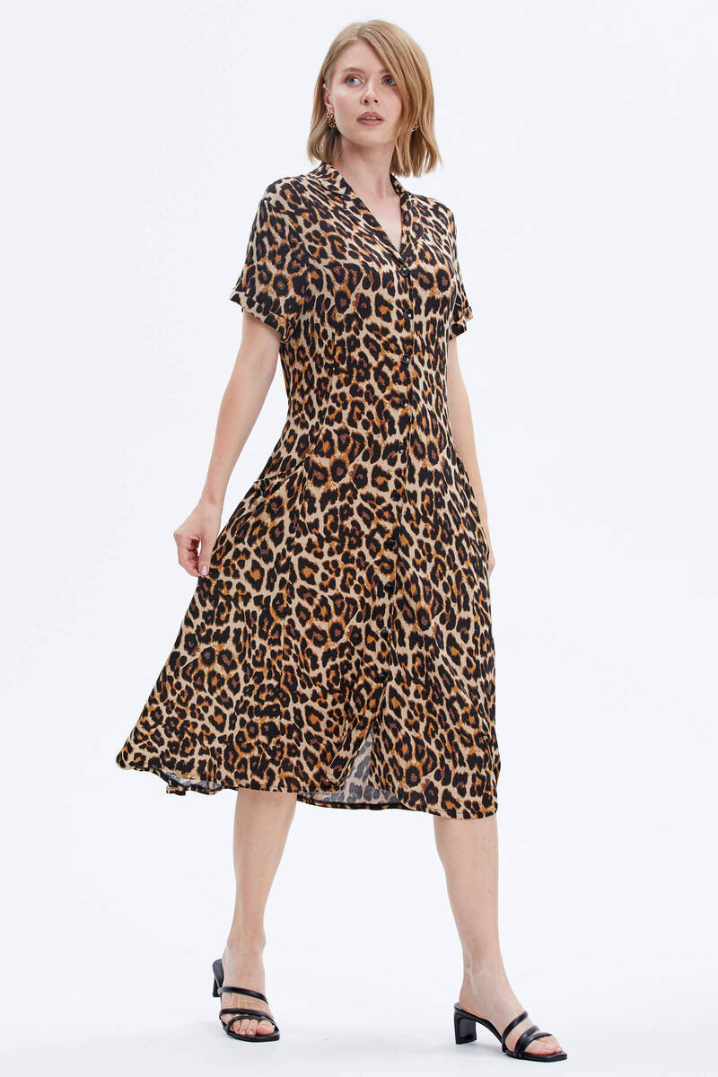 Leopar Desenli Gömlek Elbise - Siyah (4) Sementa
