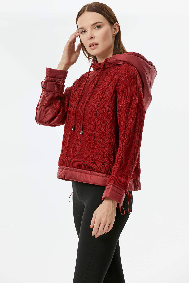 Miflon Kombinli Kapüşonlu Triko Kazak - Bordo (1) Sementa