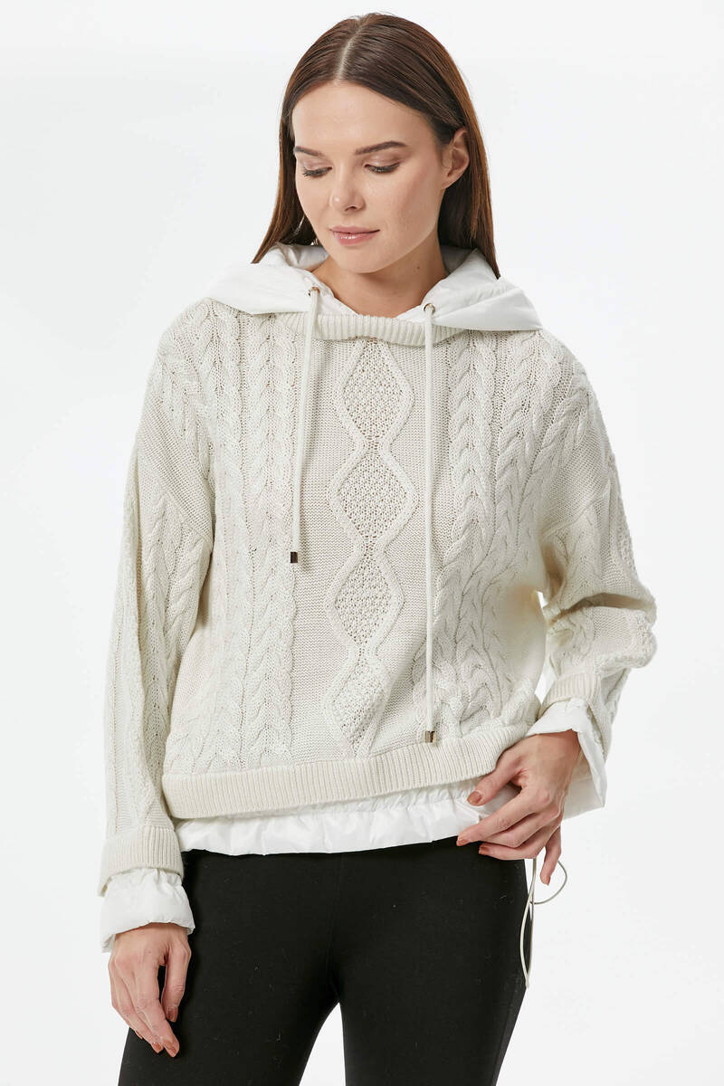 Miflon Kombinli Kapüşonlu Triko Kazak - Kemik (1) Sementa