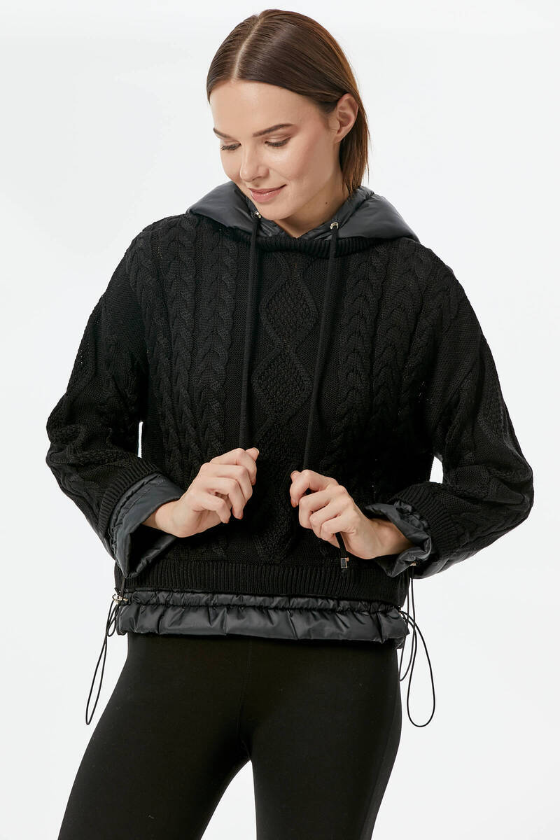 Miflon Kombinli Kapüşonlu Triko Kazak - Siyah (1) Sementa