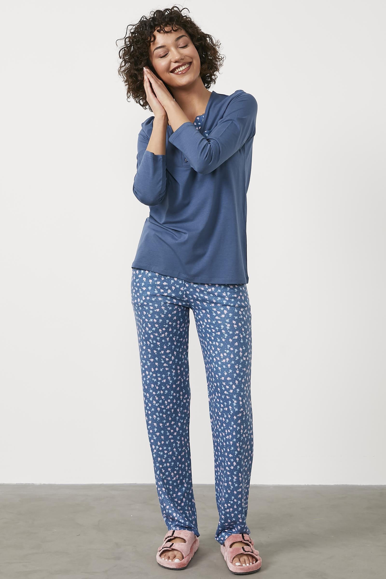 Modal Desen Kombinli Pijama Takım - Mavi (2) Sementa