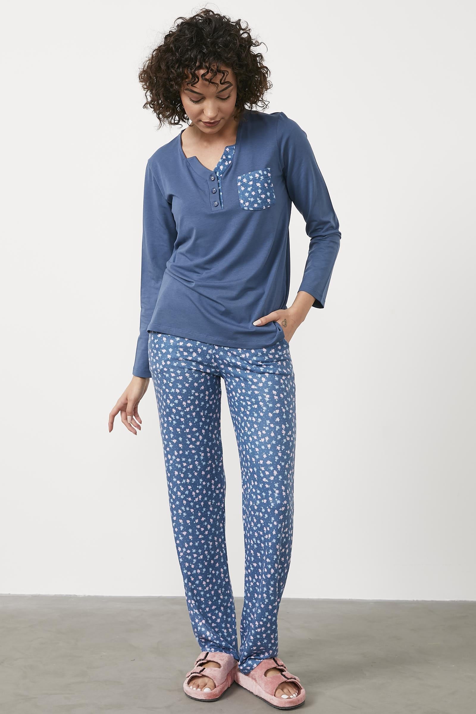 Modal Desen Kombinli Pijama Takım - Mavi (3) Sementa