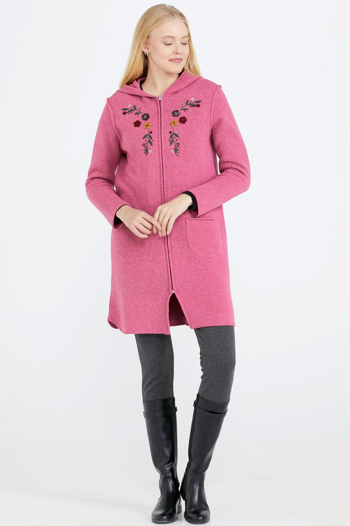 Nakış Desenli Kapüşonlu Kadın Triko Ceket - Gül (2) Sementa