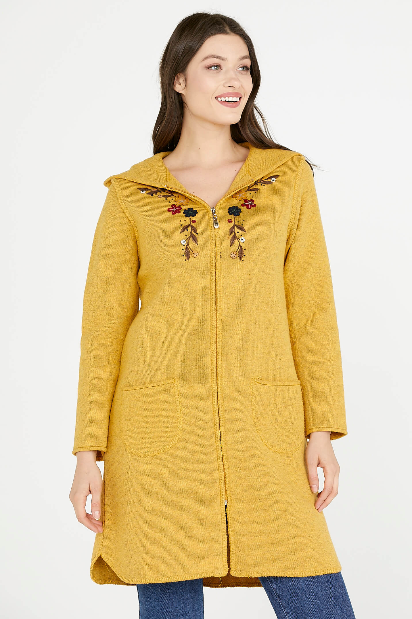 Nakış Desenli Kapüşonlu Kadın Triko Ceket - Güneş (1) Sementa