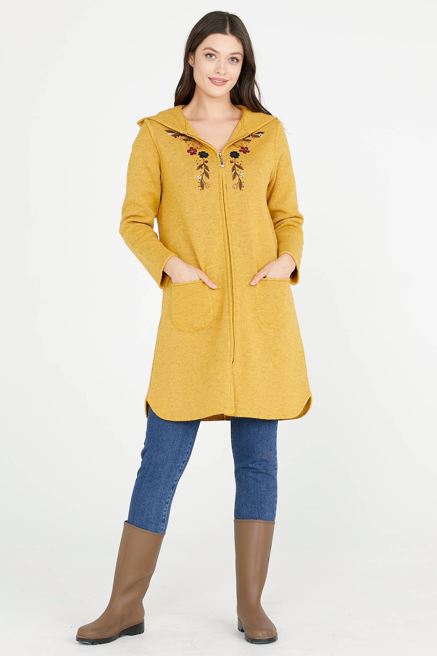 Nakış Desenli Kapüşonlu Kadın Triko Ceket - Güneş (2) Sementa