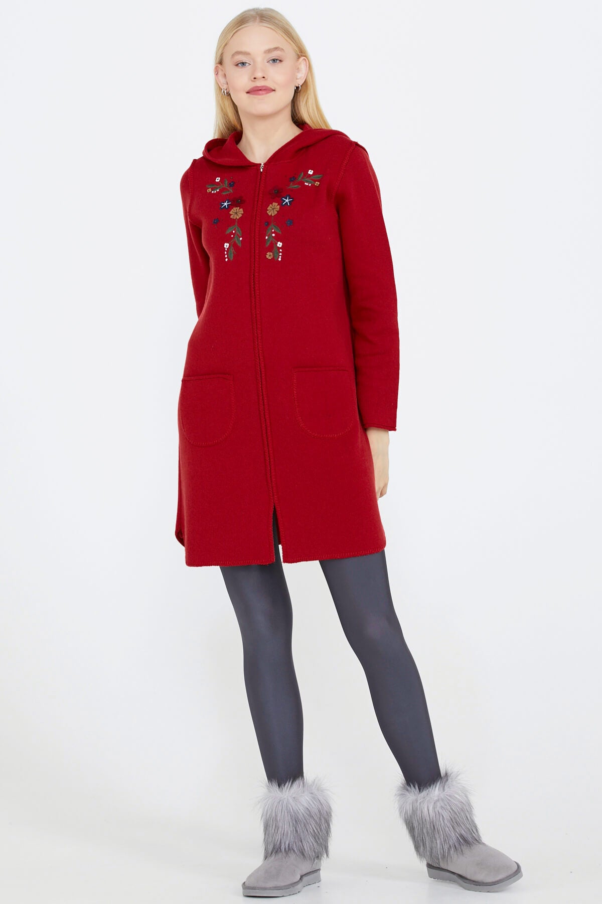 Nakış Desenli Kapüşonlu Kadın Triko Ceket - Kırmızı (3) Sementa