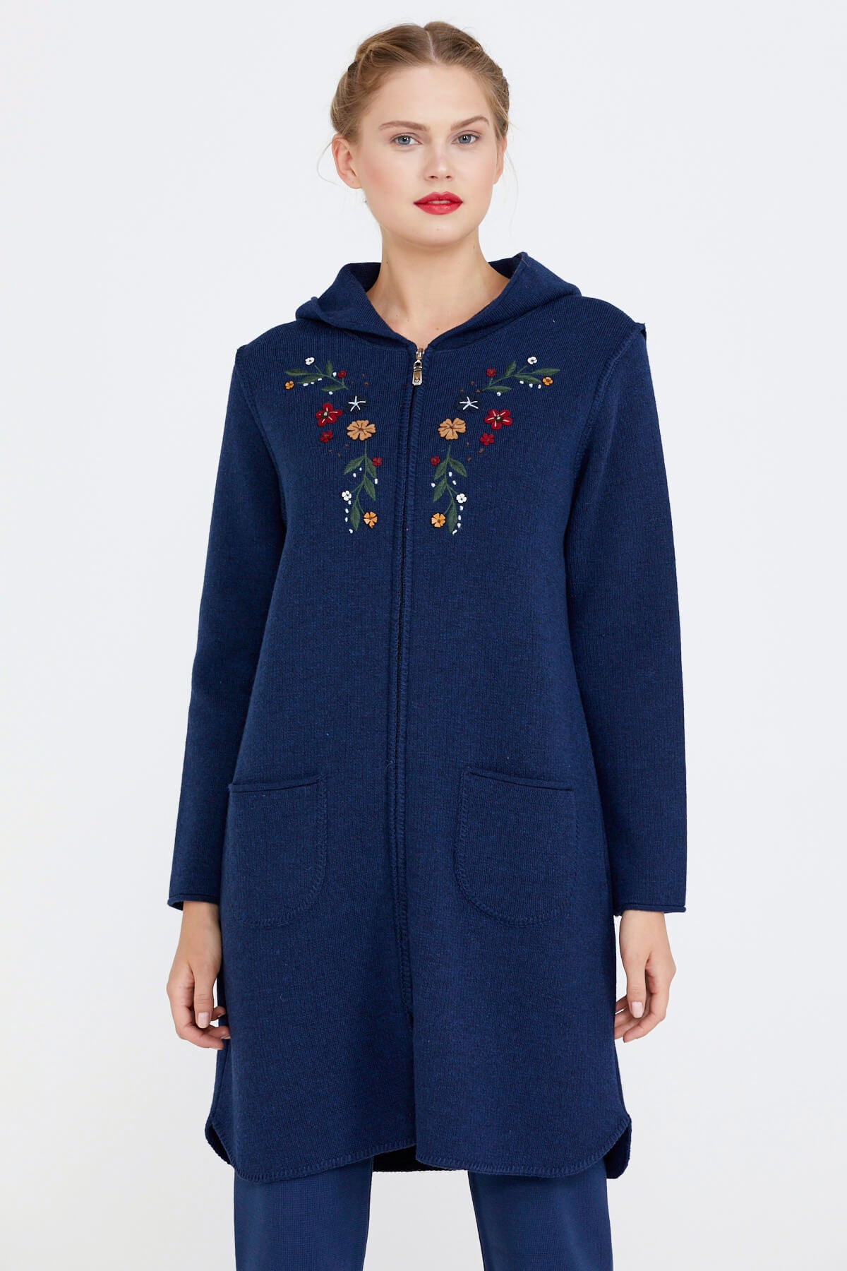 Nakış Desenli Kapüşonlu Kadın Triko Ceket - Lacivert (1) Sementa