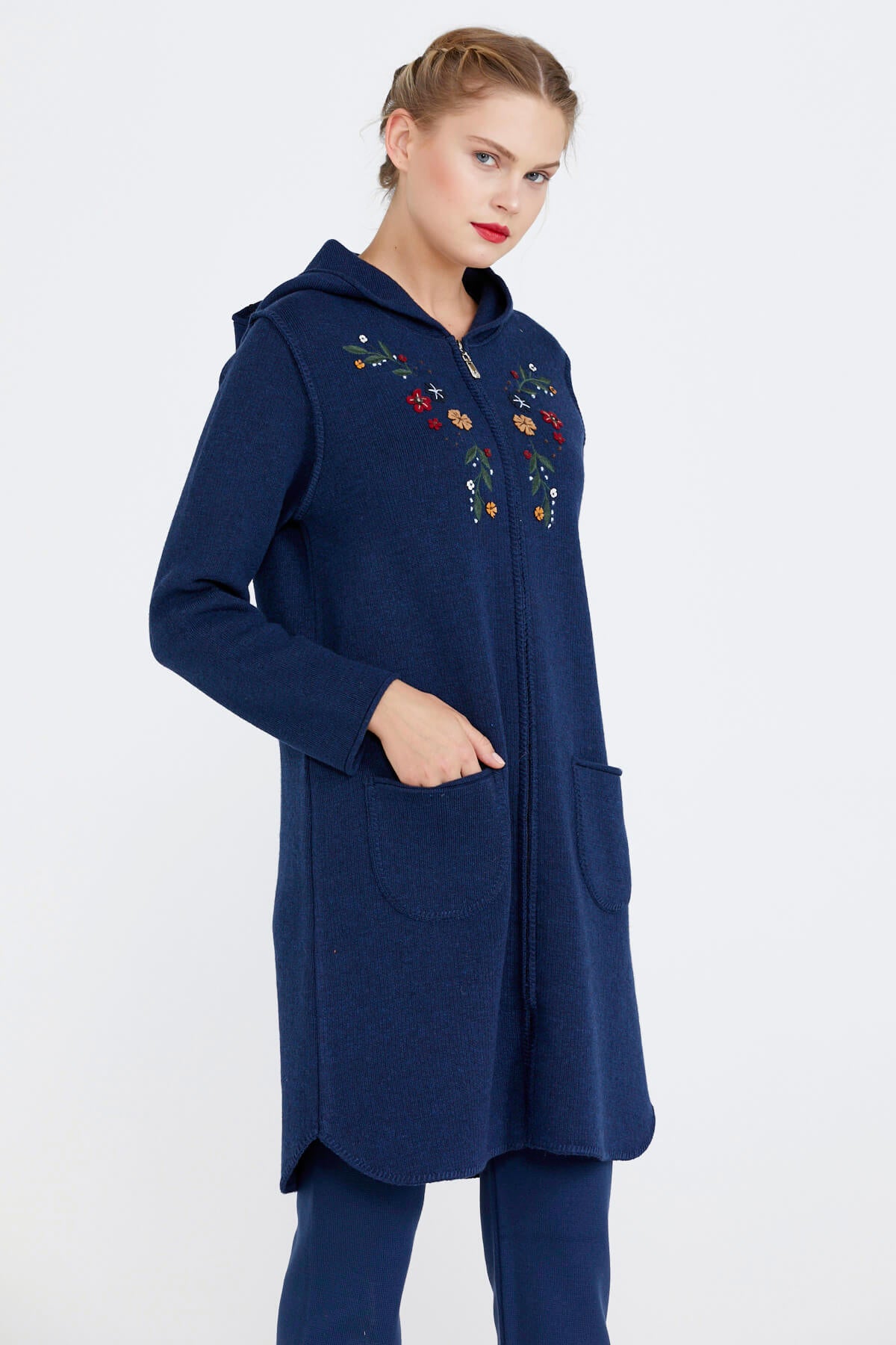 Nakış Desenli Kapüşonlu Kadın Triko Ceket - Lacivert (2) Sementa