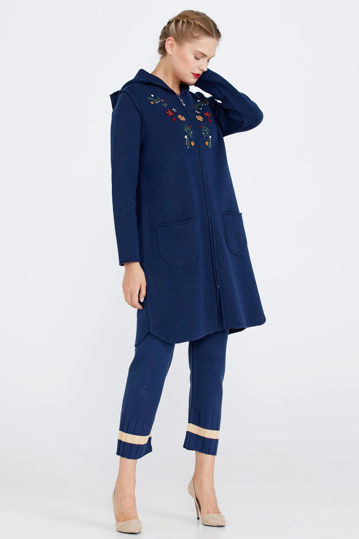 Nakış Desenli Kapüşonlu Kadın Triko Ceket - Lacivert (3) Sementa