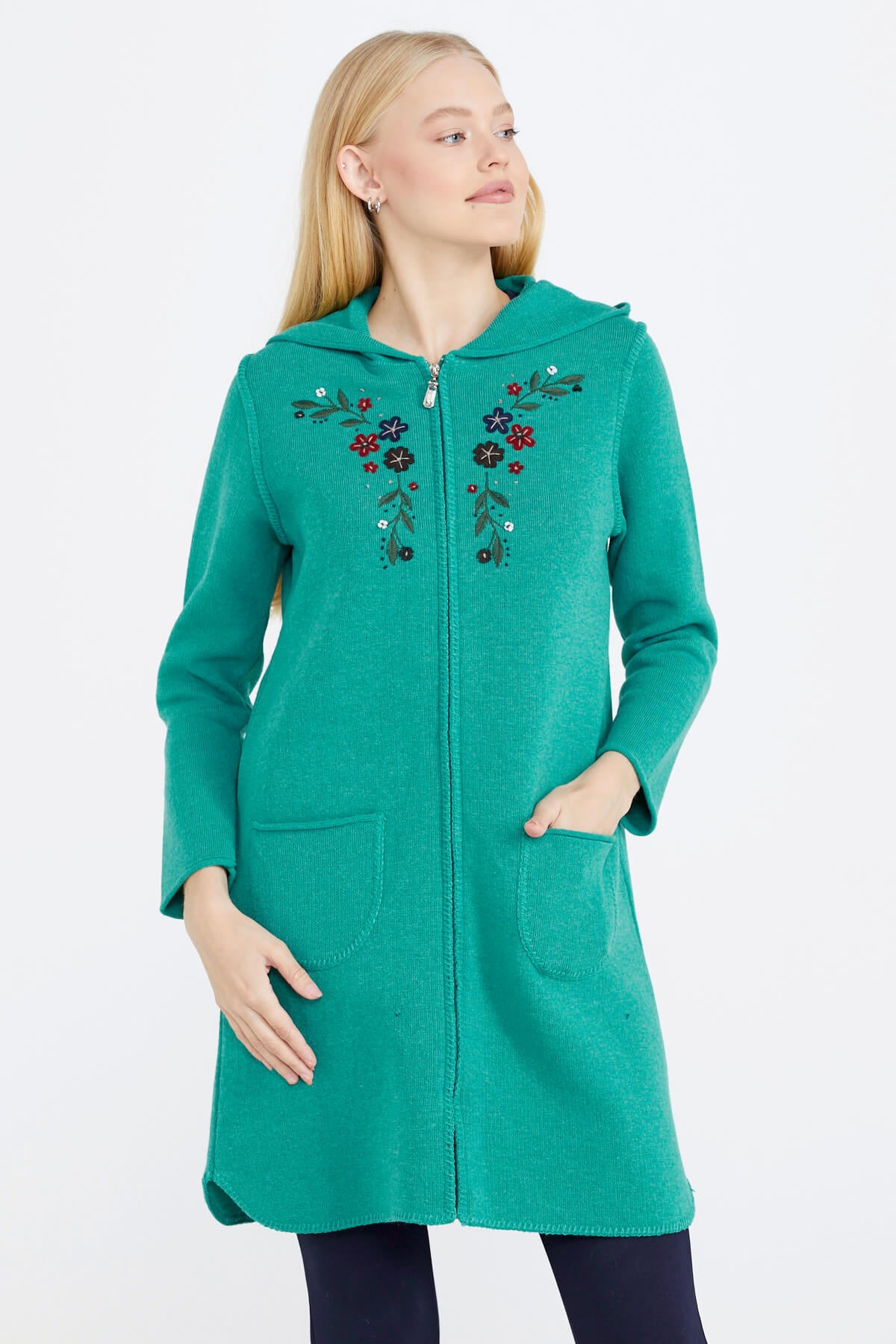 Nakış Desenli Kapüşonlu Kadın Triko Ceket - Yeşil (1) Sementa