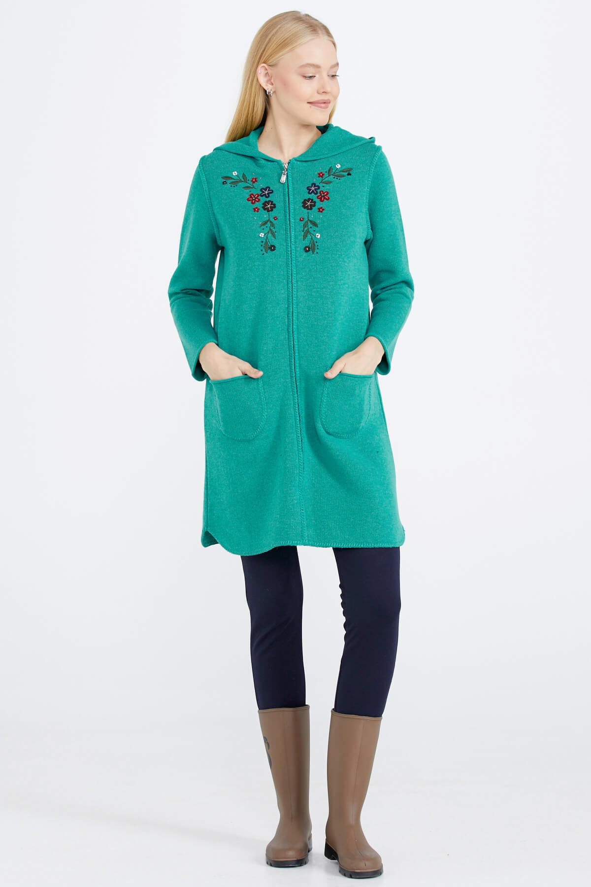 Nakış Desenli Kapüşonlu Kadın Triko Ceket - Yeşil (2) Sementa