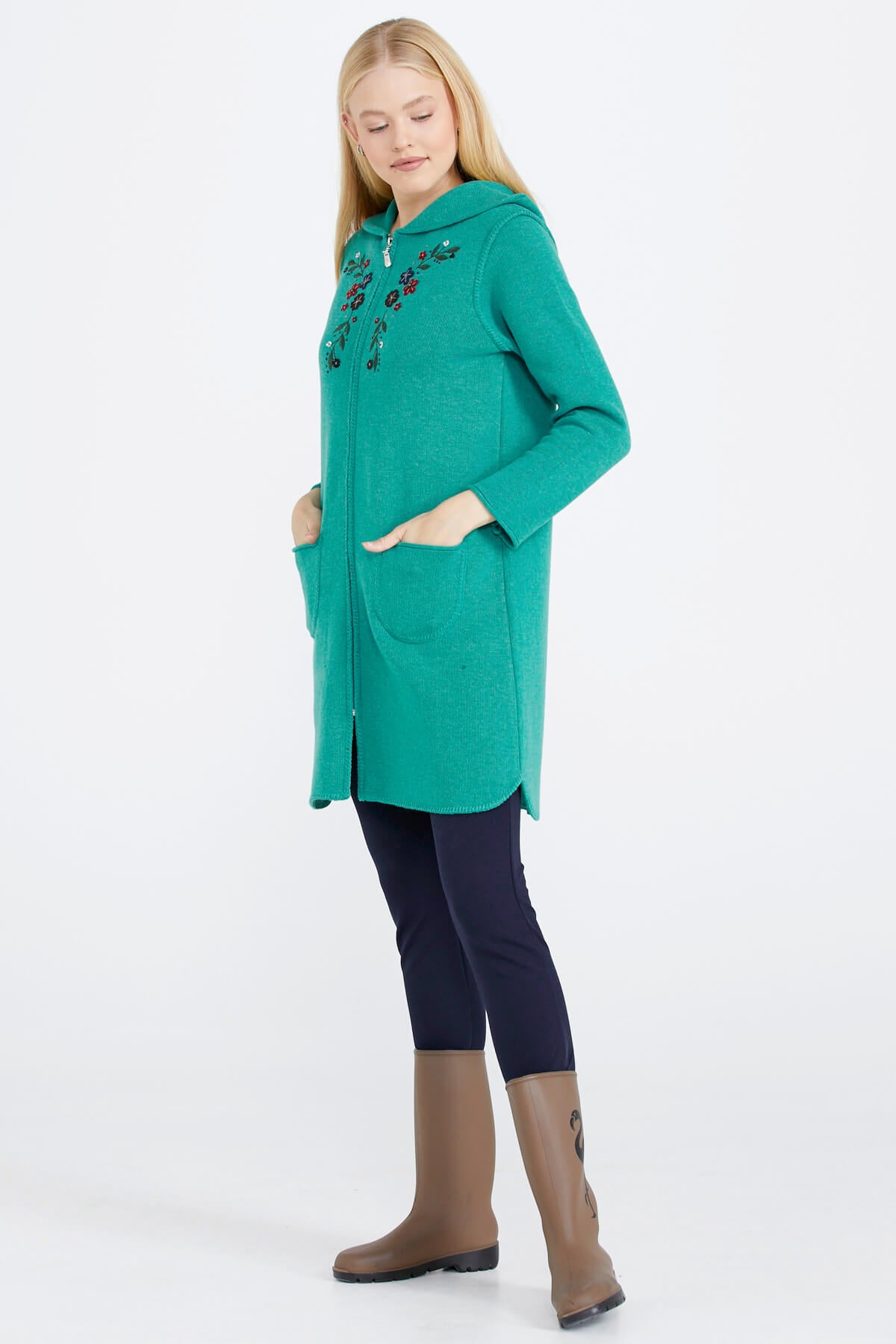 Nakış Desenli Kapüşonlu Kadın Triko Ceket - Yeşil (3) Sementa